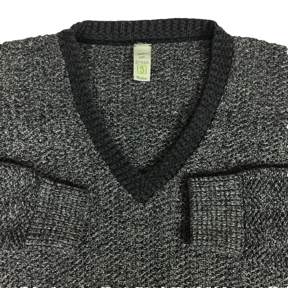 Green 3 Mens V-Neck Sweater Medium Gray Black Marled Recycled Cotton Made in USA